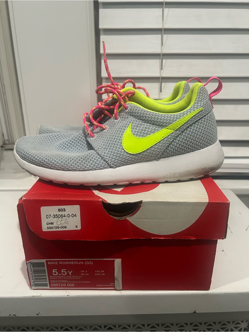 Nike Kids Gray Mesh Sneakers with Neon Green Swoosh and Pink Accents